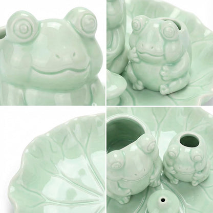Frog Incense Holder Waterfall - Ceramic Cone Backflow Incense Burner Smoke Fountain, Back Flowing Incense Diffuser with 45 Sticks & 12 Cones, Frog Ornament for Aromatherapy/Yoga/Home Decor