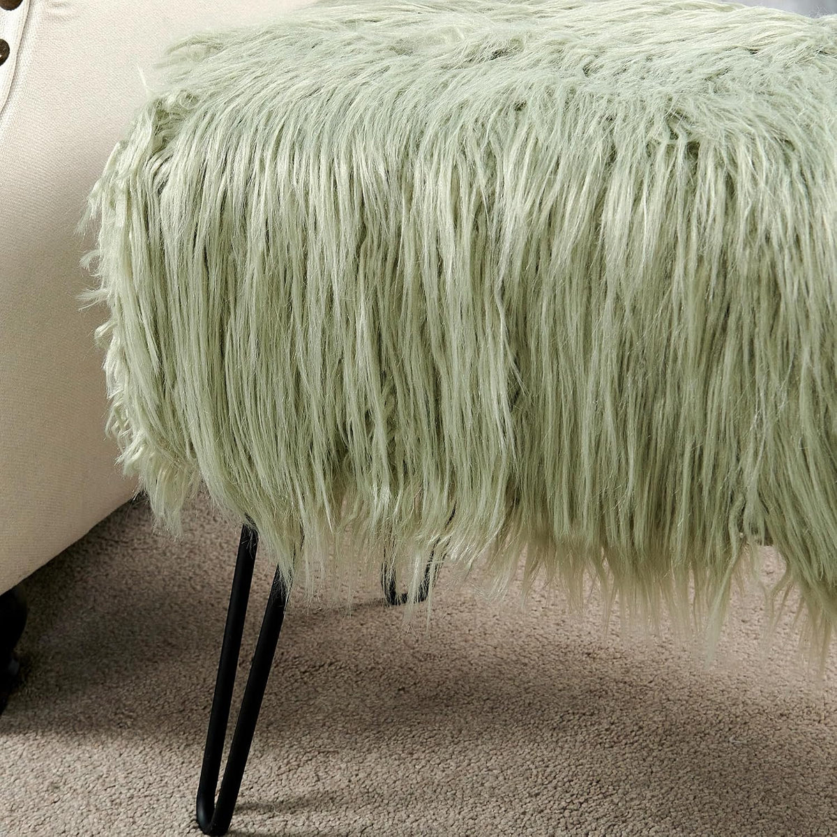 Green Mongolian Faux Fur Ottoman 19'' x 13'' x 17''
