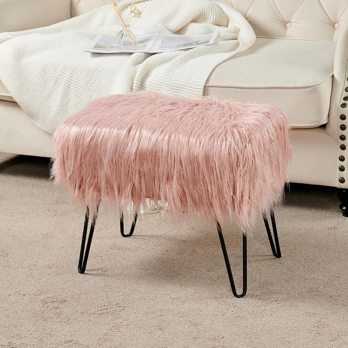 Green Mongolian Faux Fur Ottoman 19'' x 13'' x 17''