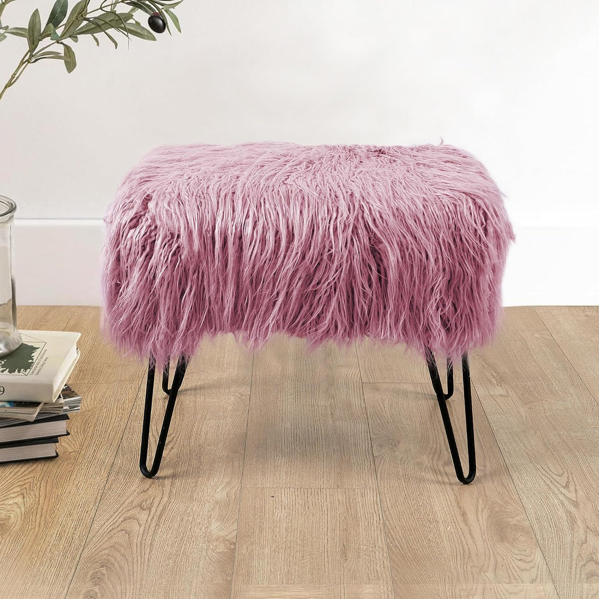 Green Mongolian Faux Fur Ottoman 19'' x 13'' x 17''