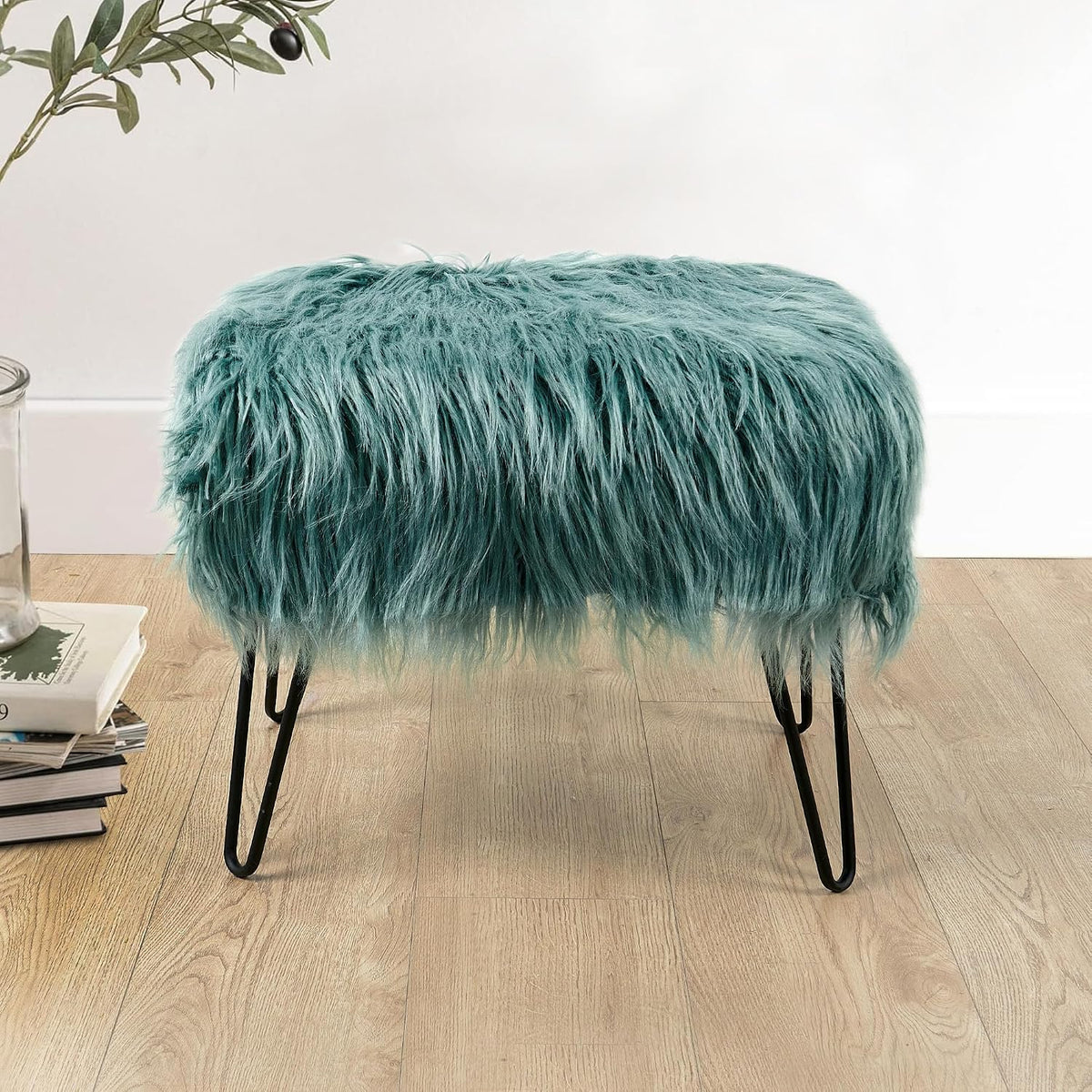 Green Mongolian Faux Fur Ottoman 19'' x 13'' x 17''