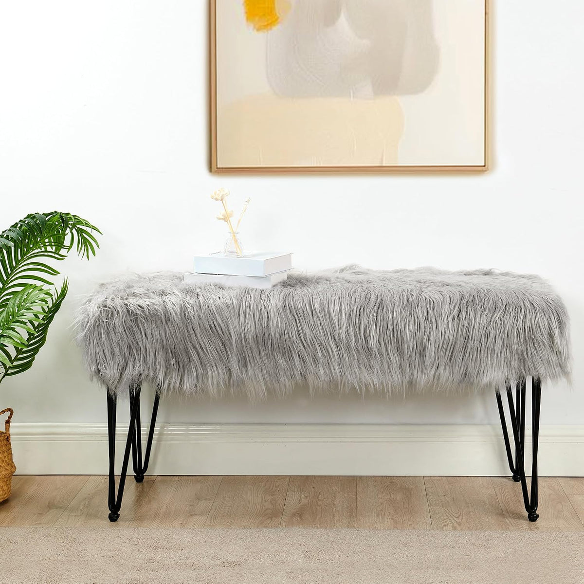 Green Mongolian Faux Fur Ottoman 19'' x 13'' x 17''