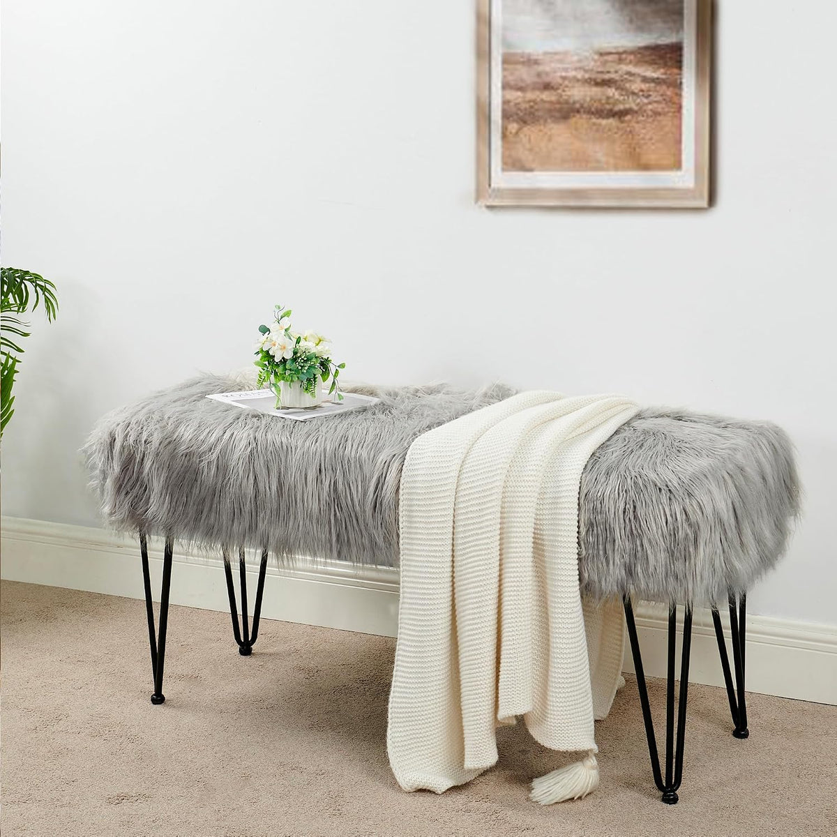 Green Mongolian Faux Fur Ottoman 19'' x 13'' x 17''