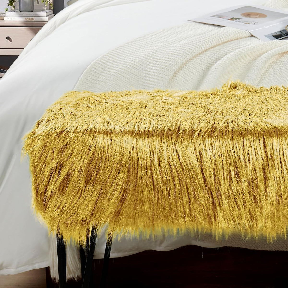 Green Mongolian Faux Fur Ottoman 19'' x 13'' x 17''