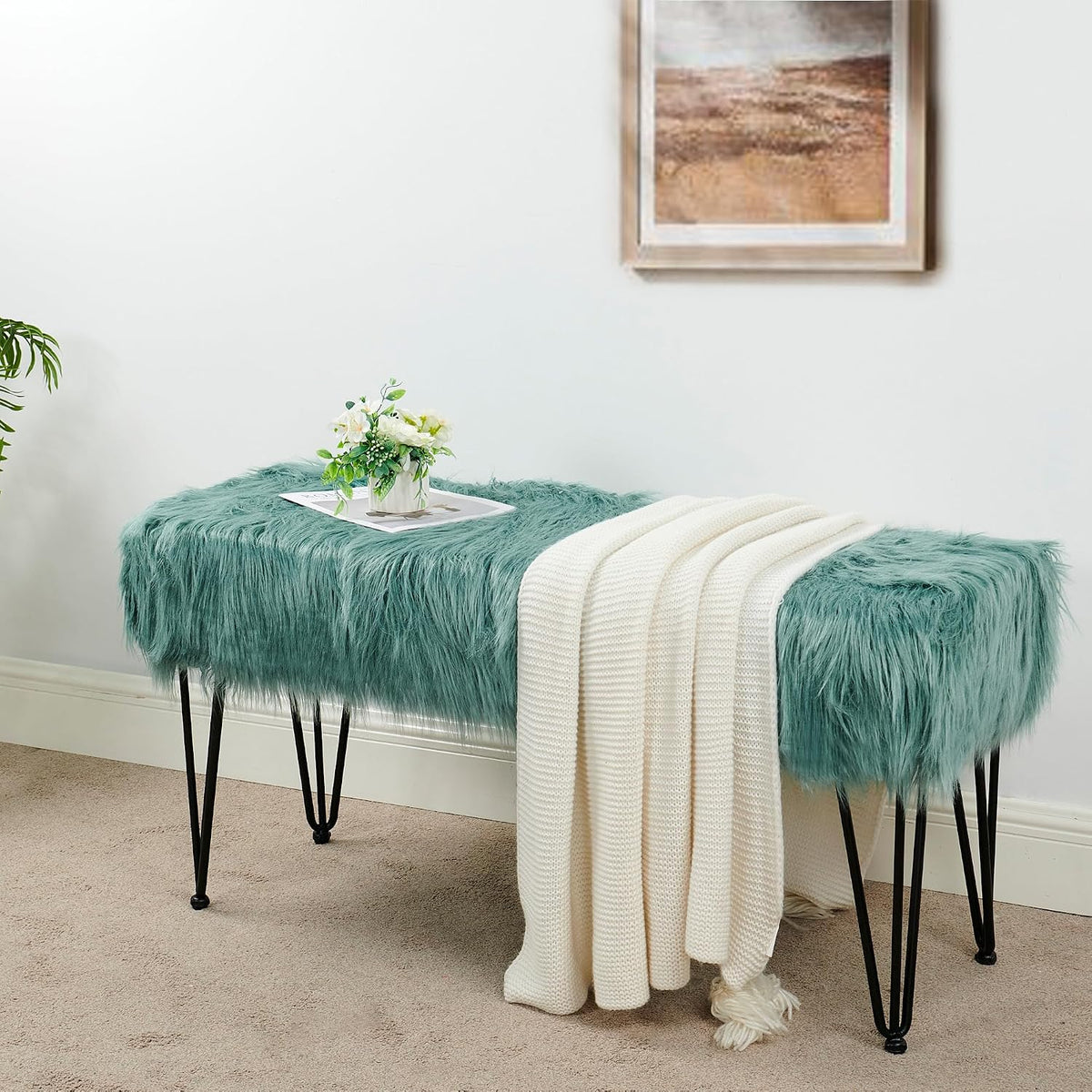 Green Mongolian Faux Fur Ottoman 19'' x 13'' x 17''