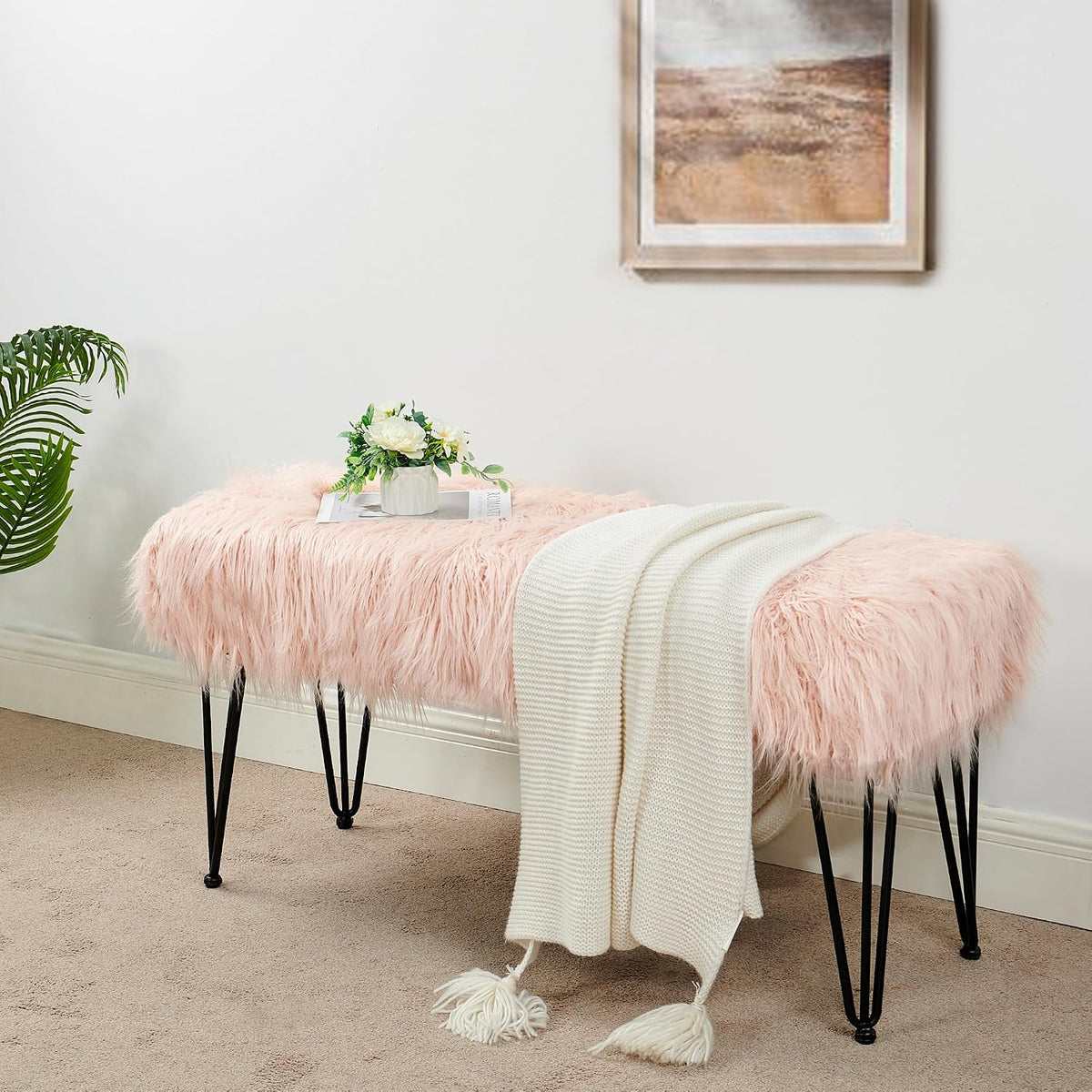 Green Mongolian Faux Fur Ottoman 19'' x 13'' x 17''