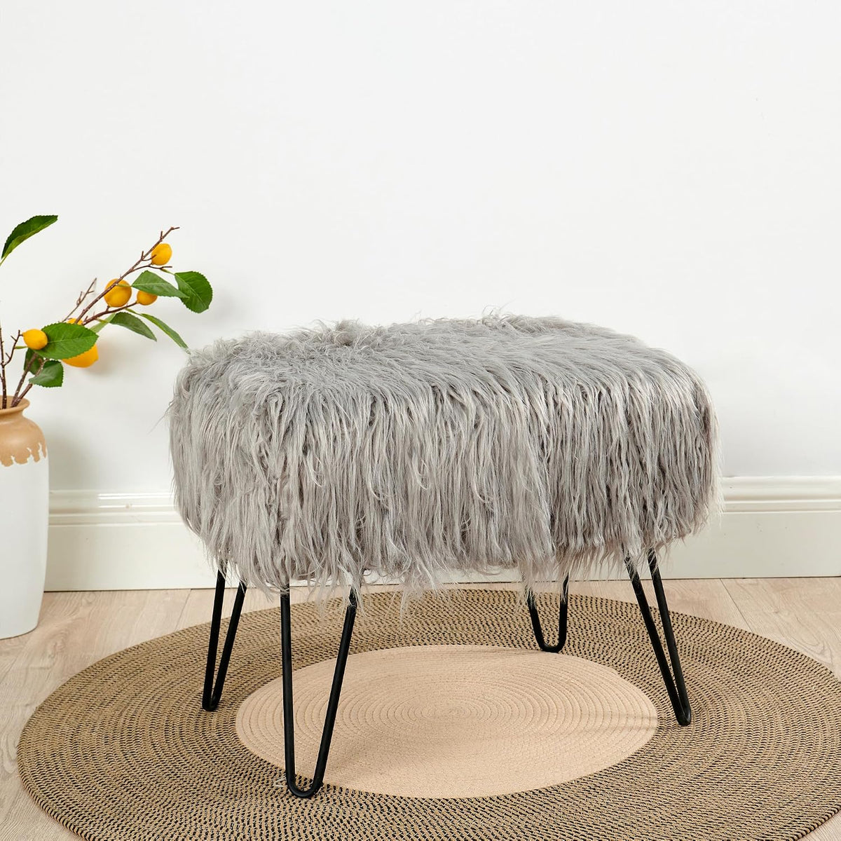 Green Mongolian Faux Fur Ottoman 19'' x 13'' x 17''