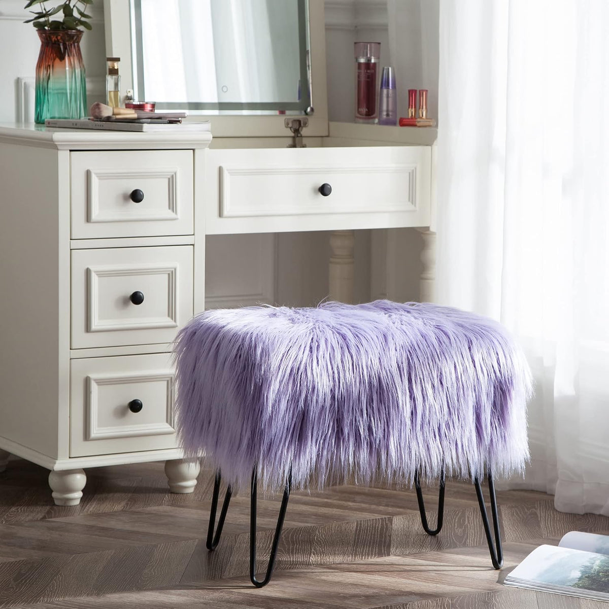 Green Mongolian Faux Fur Ottoman 19'' x 13'' x 17''
