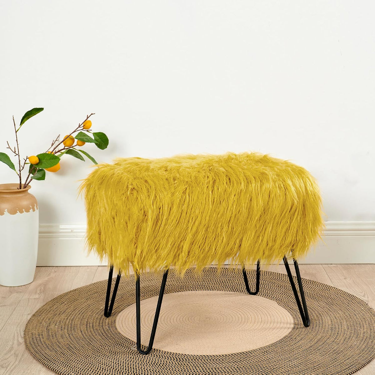 Green Mongolian Faux Fur Ottoman 19'' x 13'' x 17''
