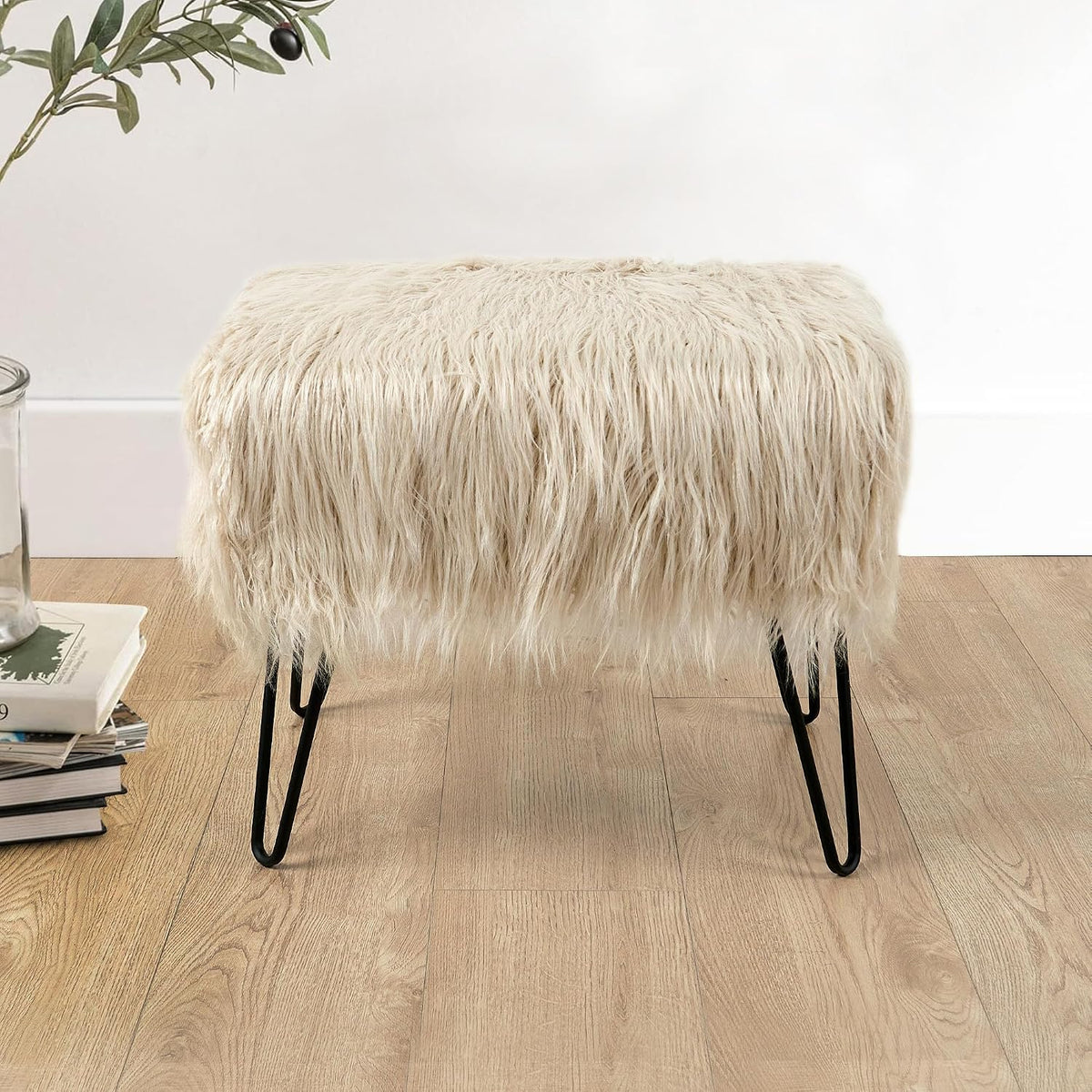 Green Mongolian Faux Fur Ottoman 19'' x 13'' x 17''