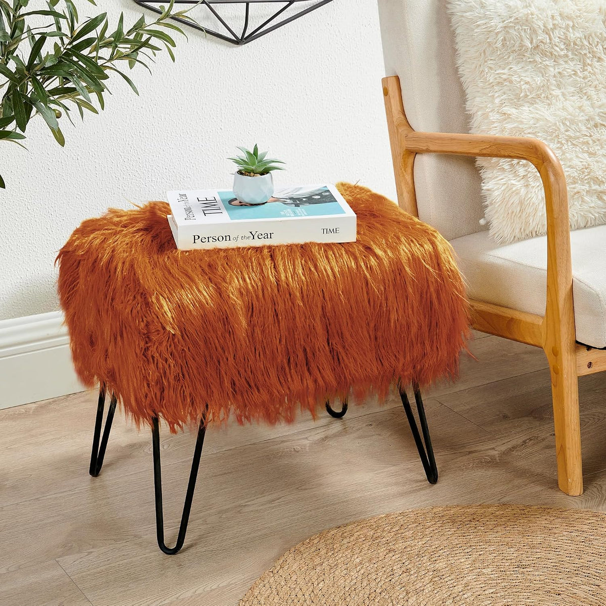 Green Mongolian Faux Fur Ottoman 19'' x 13'' x 17''