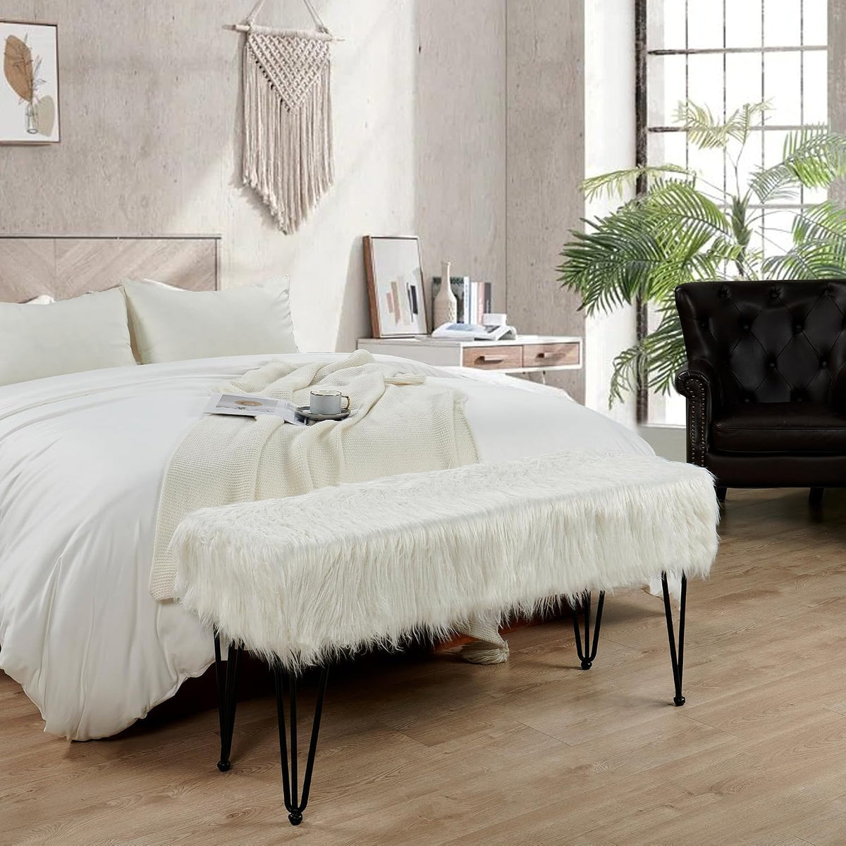 Green Mongolian Faux Fur Ottoman 19'' x 13'' x 17''