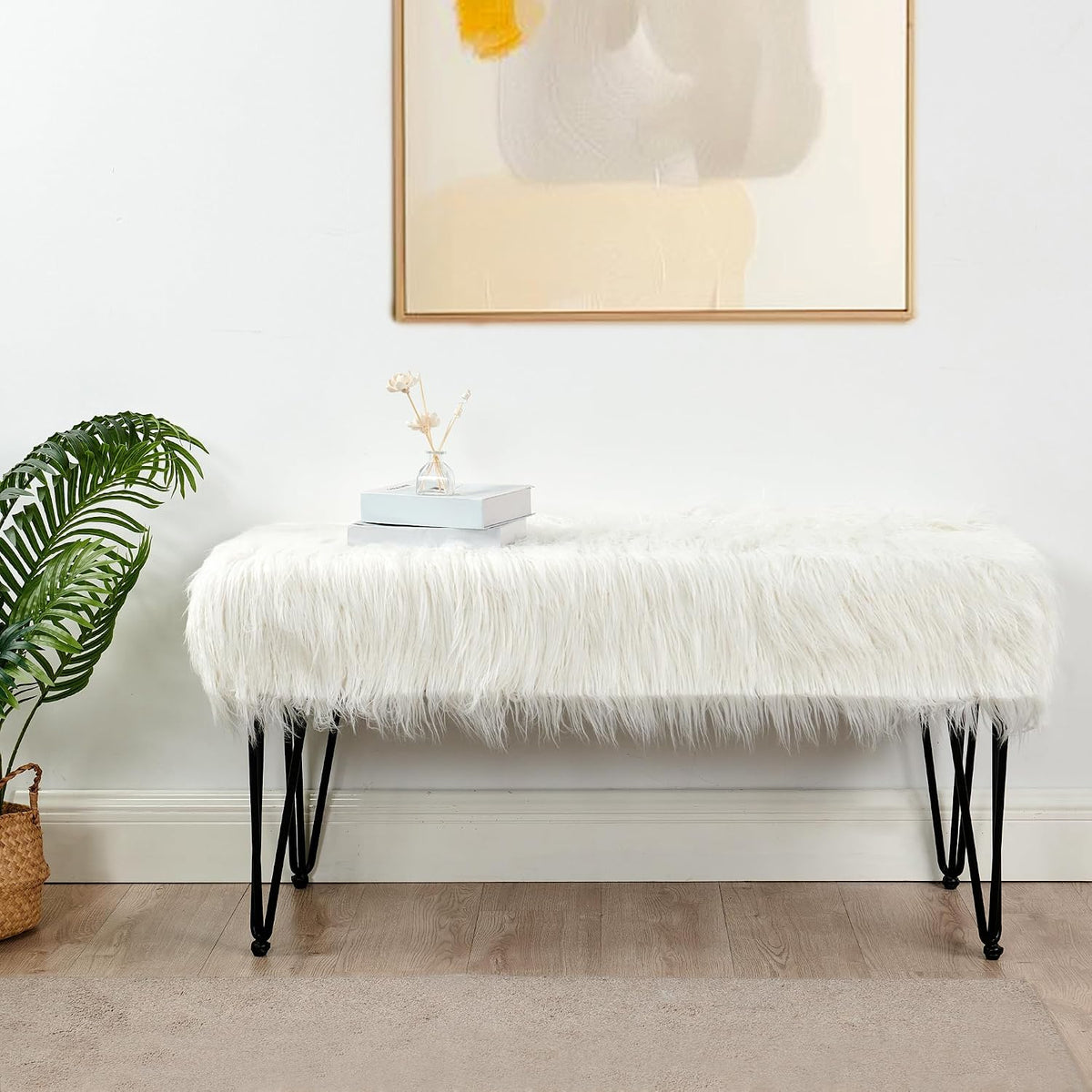 Green Mongolian Faux Fur Ottoman 19'' x 13'' x 17''
