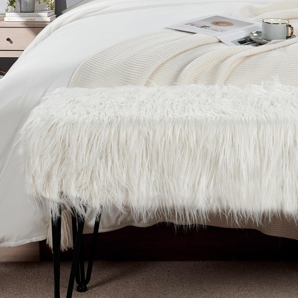 Green Mongolian Faux Fur Ottoman 19'' x 13'' x 17''