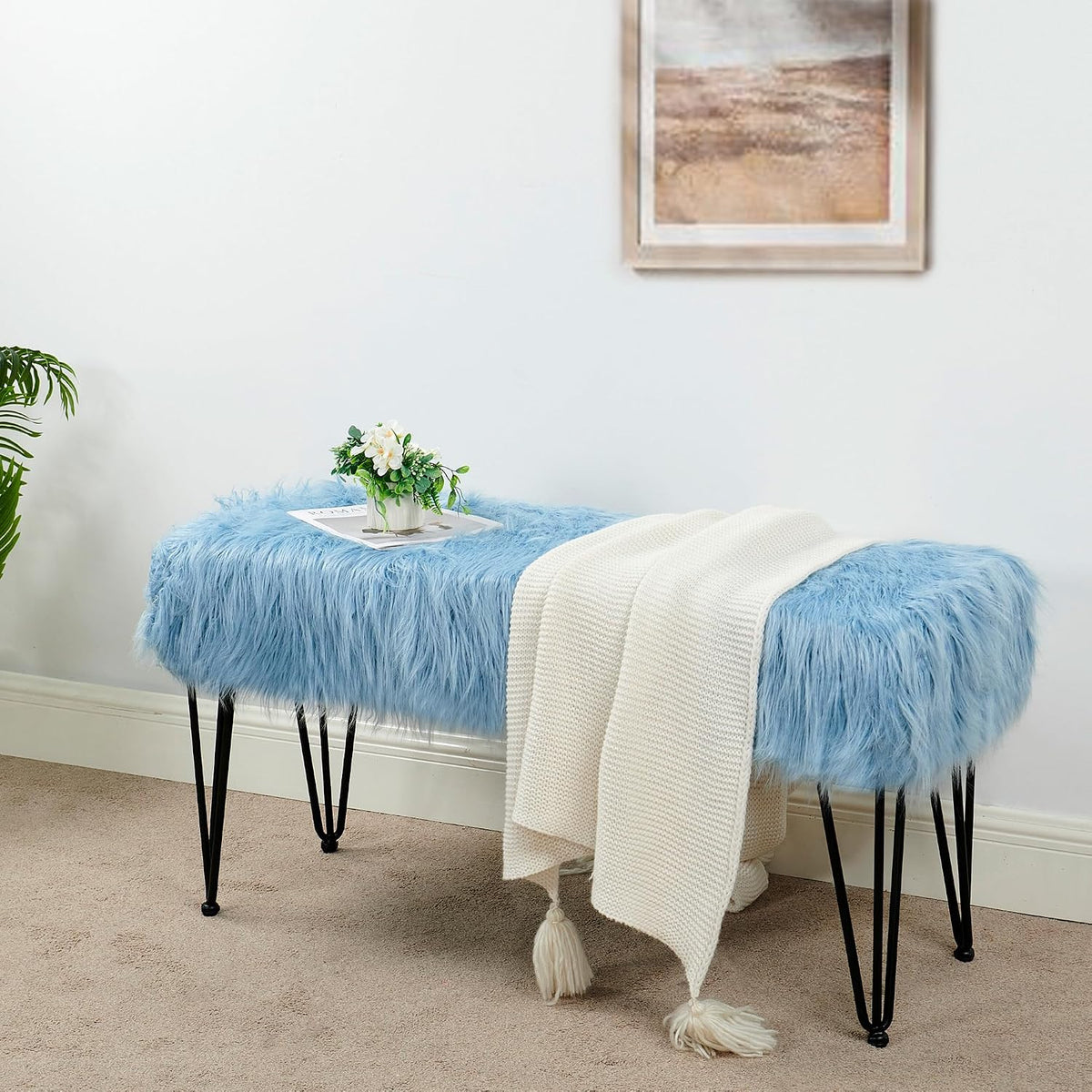 Green Mongolian Faux Fur Ottoman 19'' x 13'' x 17''
