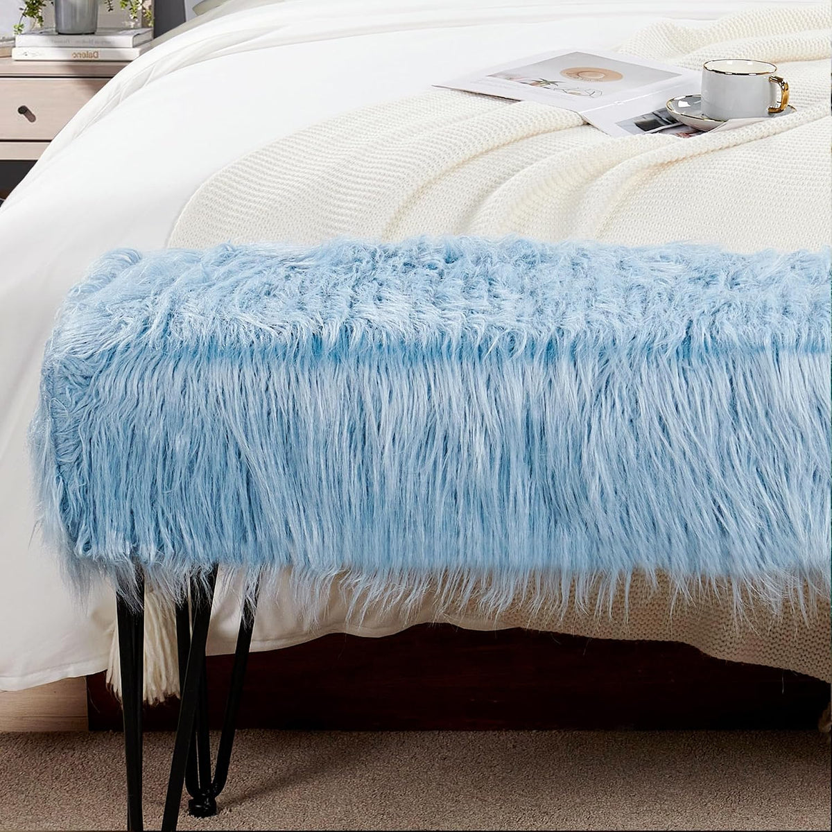 Green Mongolian Faux Fur Ottoman 19'' x 13'' x 17''