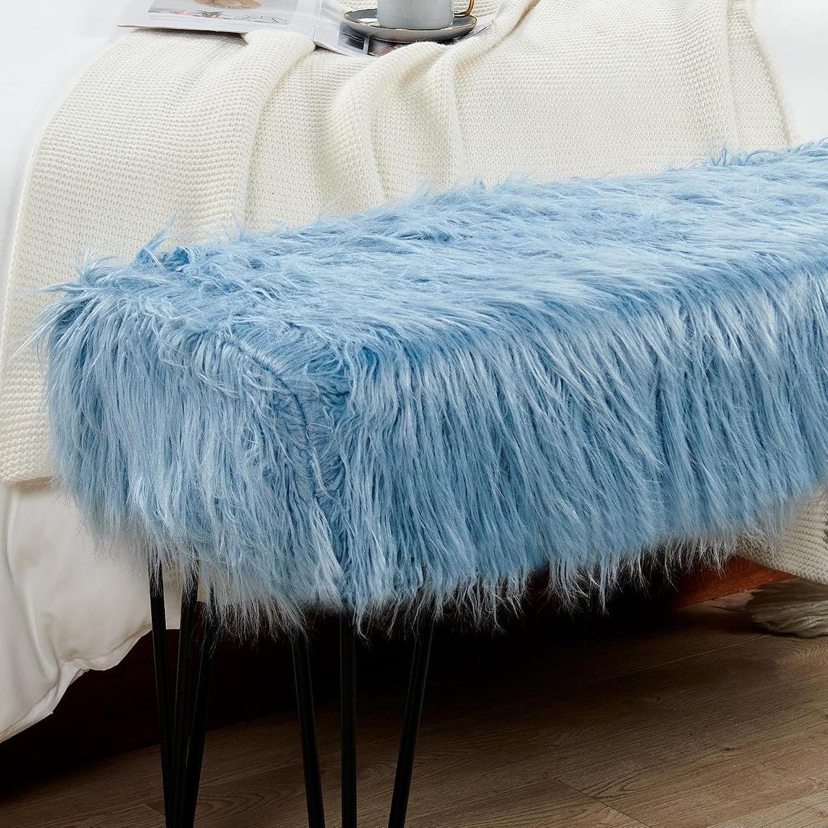 Green Mongolian Faux Fur Ottoman 19'' x 13'' x 17''