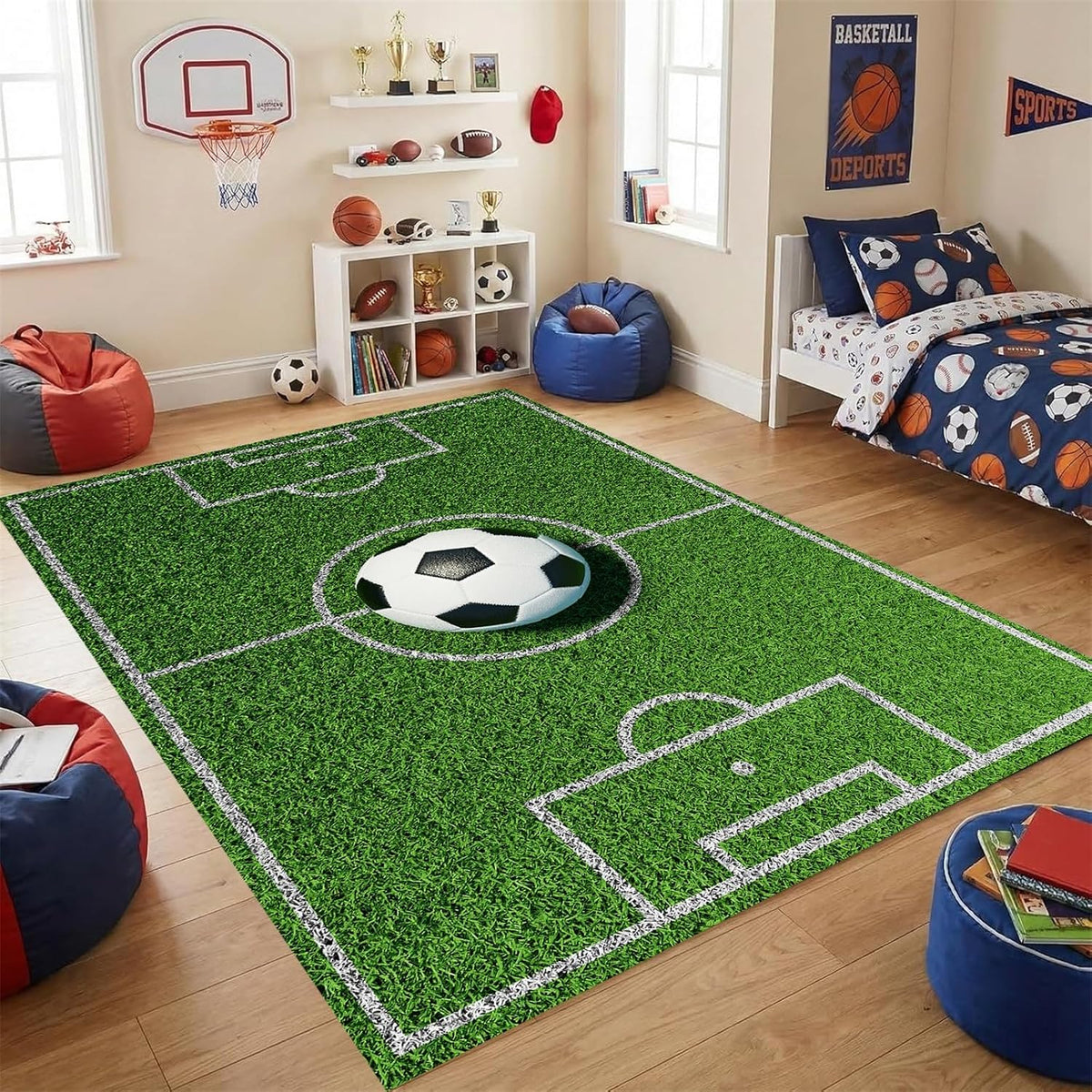 Sports Field Area Rug,5x7ft, Soccer Field Chalked Blackboard Football Stadium Board Painted Non-Slip Soft Carpet Floor Mat Indoor Living Room Bedroom Rugs Yoga Mat Home Decor