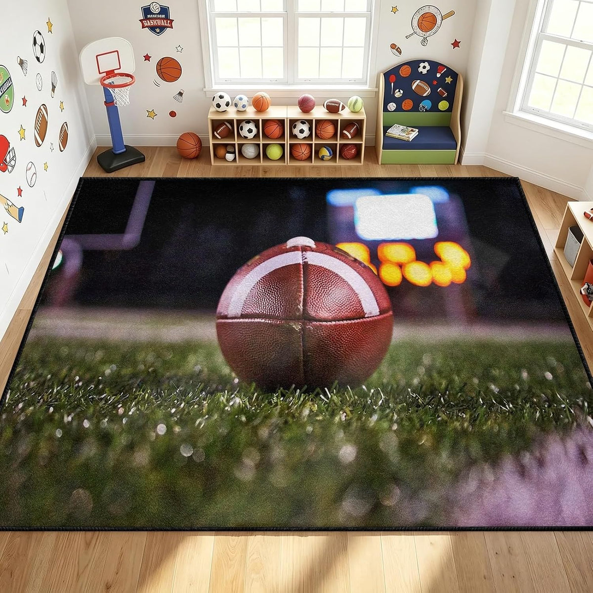 Sports Field Area Rug,5x7ft, Soccer Field Chalked Blackboard Football Stadium Board Painted Non-Slip Soft Carpet Floor Mat Indoor Living Room Bedroom Rugs Yoga Mat Home Decor
