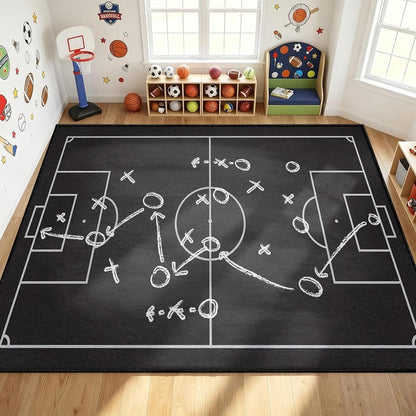 Sports Field Area Rug,5x7ft, Soccer Field Chalked Blackboard Football Stadium Board Painted Non-Slip Soft Carpet Floor Mat Indoor Living Room Bedroom Rugs Yoga Mat Home Decor