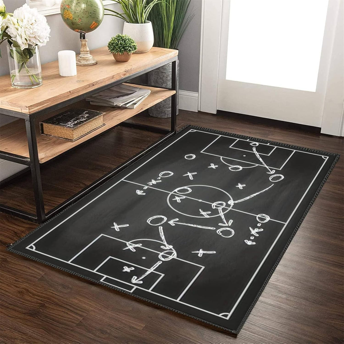 Sports Field Area Rug,5x7ft, Soccer Field Chalked Blackboard Football Stadium Board Painted Non-Slip Soft Carpet Floor Mat Indoor Living Room Bedroom Rugs Yoga Mat Home Decor