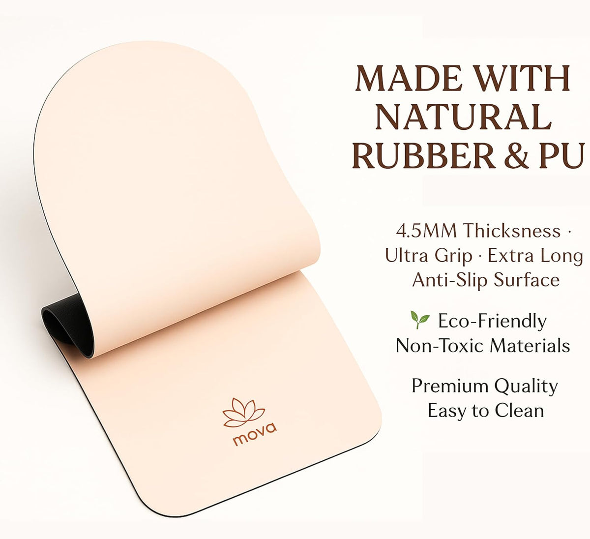 Clean Yoga Mat - Extra Long Non-Slip PU & Natural Rubber, 4.5mm Thick, Eco-Friendly Yoga Mat for Hot Yoga, Pilates & Home Workout