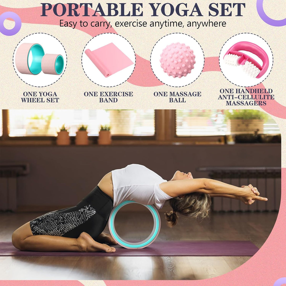 5-in-1 Pink Yoga Wheel Set Back Stretcher Kit with Foam Roller