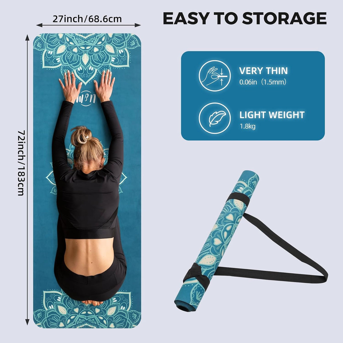 72'' x 27'' Travel Yoga Mat 1.5mm Thick - Foldable Non-Slip Natural Rubber Base & Suede Mat, Sweat-resistant Antibacterial Light Yoga Mat Material Cover for Women Men, Suitable for Beach Pilates Fitness