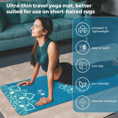 72'' x 27'' Travel Yoga Mat 1.5mm Thick - Foldable Non-Slip Natural Rubber Base & Suede Mat, Sweat-resistant Antibacterial Light Yoga Mat Material Cover for Women Men, Suitable for Beach Pilates Fitness