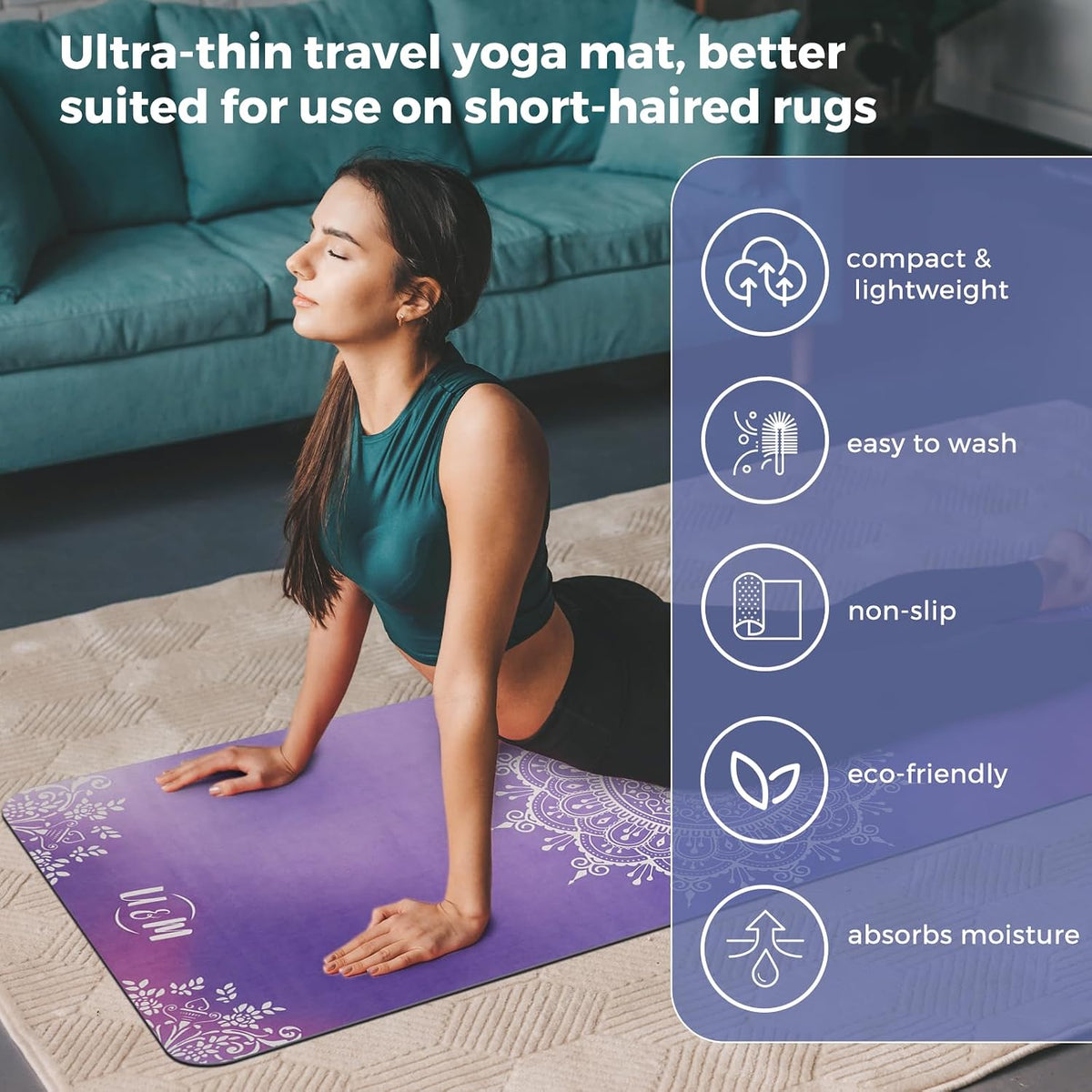72'' x 27'' Travel Yoga Mat 1.5mm Thick - Foldable Non-Slip Natural Rubber Base & Suede Mat, Sweat-resistant Antibacterial Light Yoga Mat Material Cover for Women Men, Suitable for Beach Pilates Fitness