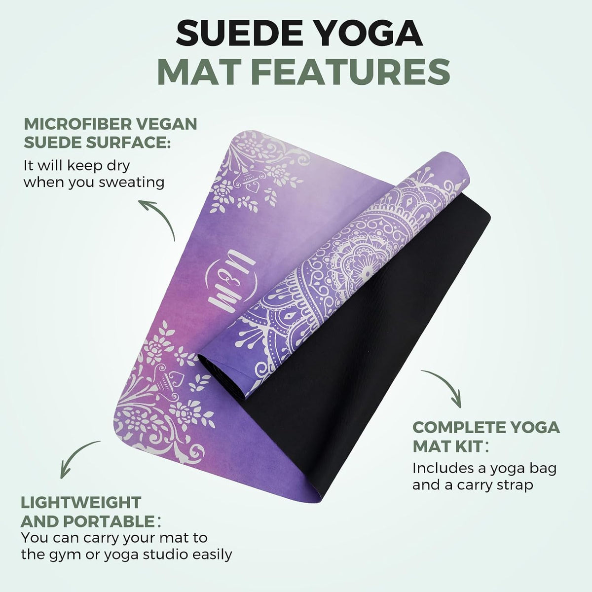 72'' x 27'' Travel Yoga Mat 1.5mm Thick - Foldable Non-Slip Natural Rubber Base & Suede Mat, Sweat-resistant Antibacterial Light Yoga Mat Material Cover for Women Men, Suitable for Beach Pilates Fitness