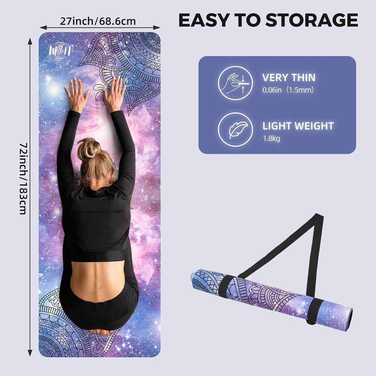 72'' x 27'' Travel Yoga Mat 1.5mm Thick - Foldable Non-Slip Natural Rubber Base & Suede Mat, Sweat-resistant Antibacterial Light Yoga Mat Material Cover for Women Men, Suitable for Beach Pilates Fitness