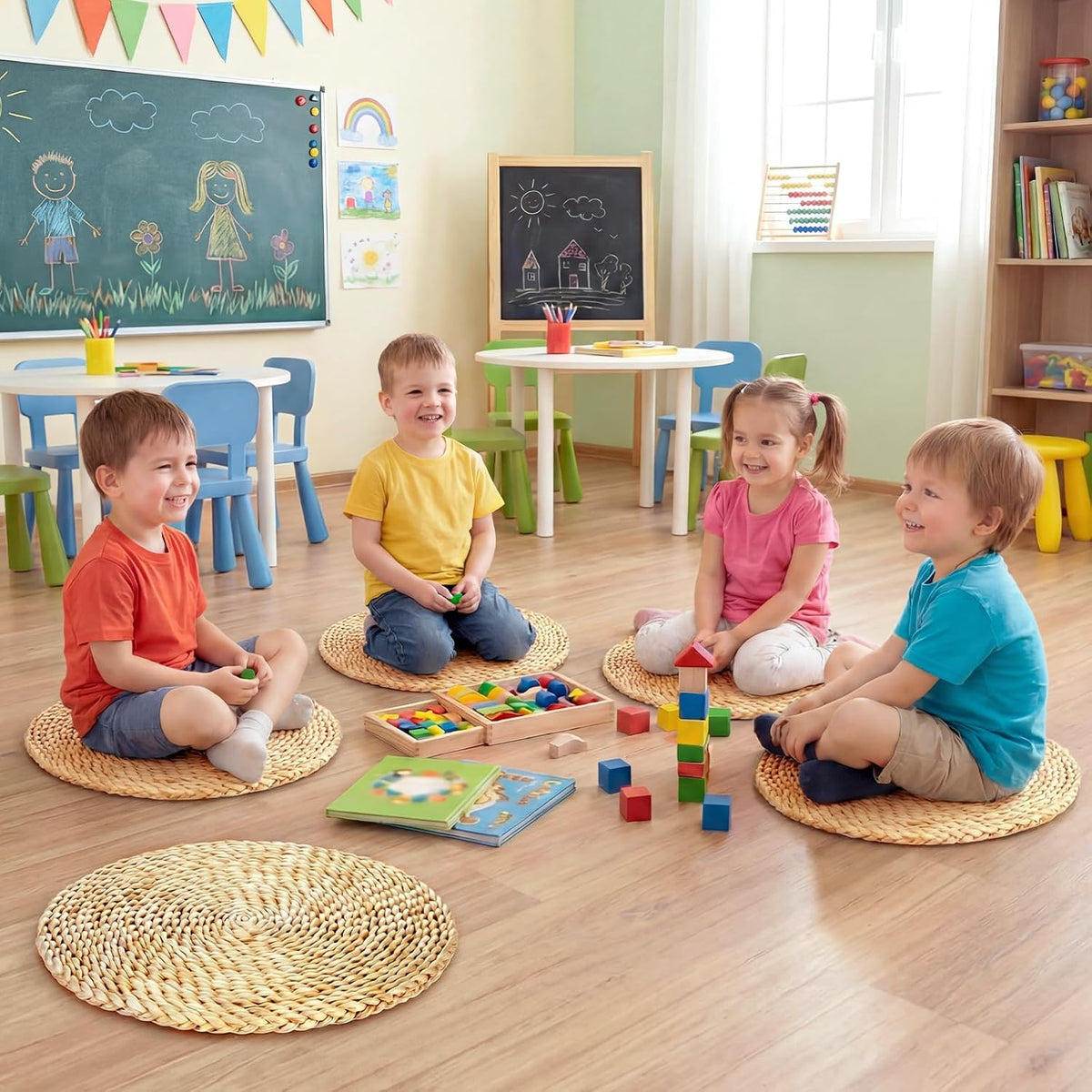 8 Pcs 16 Inch Straw Floor Cushions Classroom Large Pillow Seating Meditation Floor Pillow Boho Natural Woven Seat Cushion Japanese Tatami Cushion for Classroom Home Group Activity