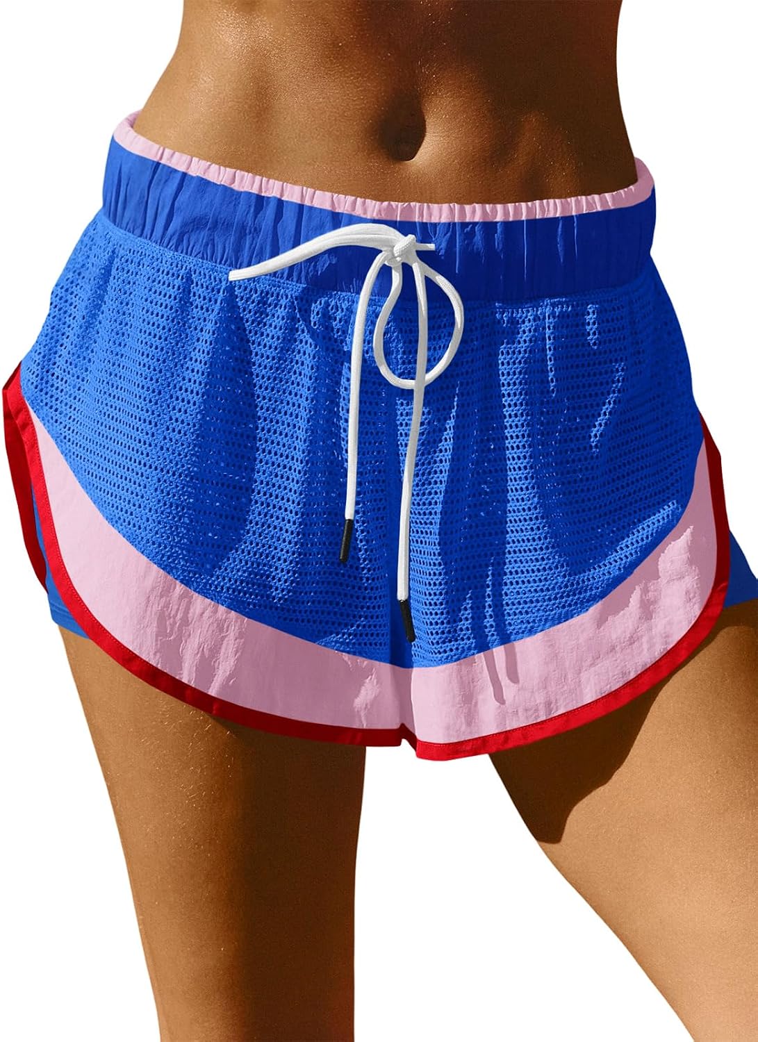Women Athletic Shorts 2 in 1 Running High Split Color Block Workout Yoga Mesh Shorts Pocket Drawstring Blue