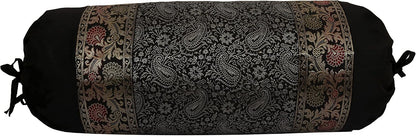 Ethnic Jacquard Brocade Silk Bolster Yoga Rectangular Pillowcase Cover Paisley Black Tubular Living Room Decorative Cylindrical Hotdog Indian Throw Pillowcase 76x38 cm - Set of 2 Pcs