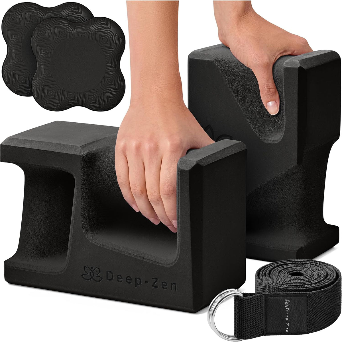 PRO Yoga Blocks | Ergonomic Yoga Block 2 Pack for Wrist Comfort and Support | EVA Foam Exercise Blocks, 2x Knee Pads & Yoga Strap | Pilates Block Set | Bricks to Eliminate Wrist Pain