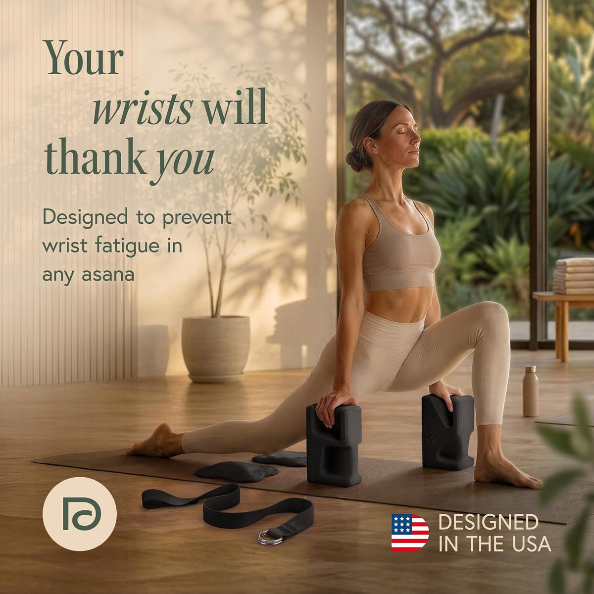 PRO Yoga Blocks | Ergonomic Yoga Block 2 Pack for Wrist Comfort and Support | EVA Foam Exercise Blocks, 2x Knee Pads & Yoga Strap | Pilates Block Set | Bricks to Eliminate Wrist Pain