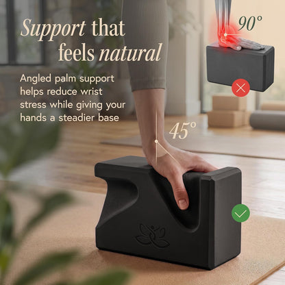 PRO Yoga Blocks | Ergonomic Yoga Block 2 Pack for Wrist Comfort and Support | EVA Foam Exercise Blocks, 2x Knee Pads & Yoga Strap | Pilates Block Set | Bricks to Eliminate Wrist Pain