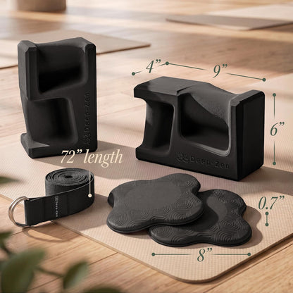PRO Yoga Blocks | Ergonomic Yoga Block 2 Pack for Wrist Comfort and Support | EVA Foam Exercise Blocks, 2x Knee Pads & Yoga Strap | Pilates Block Set | Bricks to Eliminate Wrist Pain