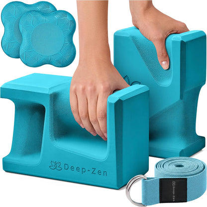 PRO Yoga Blocks | Ergonomic Yoga Block 2 Pack for Wrist Comfort and Support | EVA Foam Exercise Blocks, 2x Knee Pads & Yoga Strap | Pilates Block Set | Bricks to Eliminate Wrist Pain
