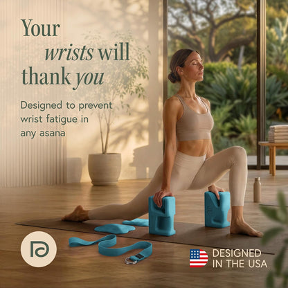 PRO Yoga Blocks | Ergonomic Yoga Block 2 Pack for Wrist Comfort and Support | EVA Foam Exercise Blocks, 2x Knee Pads & Yoga Strap | Pilates Block Set | Bricks to Eliminate Wrist Pain