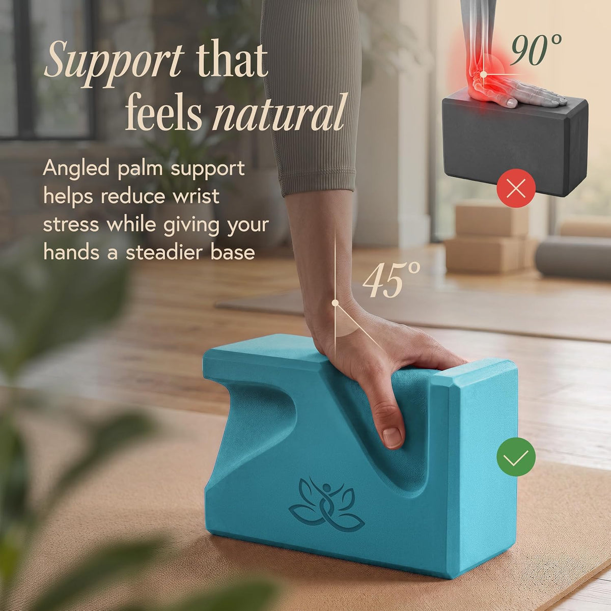 PRO Yoga Blocks | Ergonomic Yoga Block 2 Pack for Wrist Comfort and Support | EVA Foam Exercise Blocks, 2x Knee Pads & Yoga Strap | Pilates Block Set | Bricks to Eliminate Wrist Pain