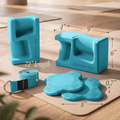 PRO Yoga Blocks | Ergonomic Yoga Block 2 Pack for Wrist Comfort and Support | EVA Foam Exercise Blocks, 2x Knee Pads & Yoga Strap | Pilates Block Set | Bricks to Eliminate Wrist Pain