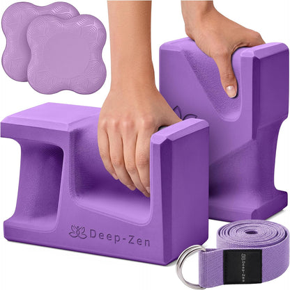 PRO Yoga Blocks | Ergonomic Yoga Block 2 Pack for Wrist Comfort and Support | EVA Foam Exercise Blocks, 2x Knee Pads & Yoga Strap | Pilates Block Set | Bricks to Eliminate Wrist Pain