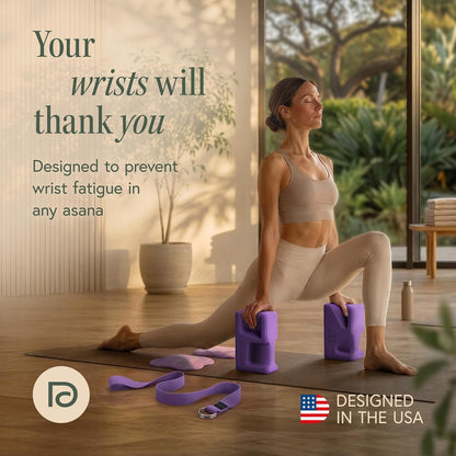 PRO Yoga Blocks | Ergonomic Yoga Block 2 Pack for Wrist Comfort and Support | EVA Foam Exercise Blocks, 2x Knee Pads & Yoga Strap | Pilates Block Set | Bricks to Eliminate Wrist Pain
