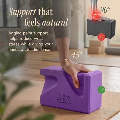 PRO Yoga Blocks | Ergonomic Yoga Block 2 Pack for Wrist Comfort and Support | EVA Foam Exercise Blocks, 2x Knee Pads & Yoga Strap | Pilates Block Set | Bricks to Eliminate Wrist Pain