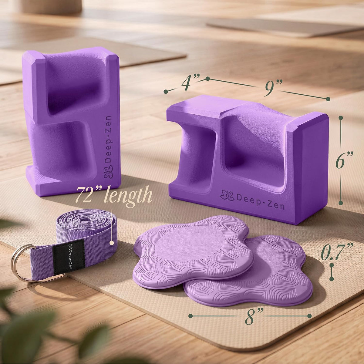PRO Yoga Blocks | Ergonomic Yoga Block 2 Pack for Wrist Comfort and Support | EVA Foam Exercise Blocks, 2x Knee Pads & Yoga Strap | Pilates Block Set | Bricks to Eliminate Wrist Pain