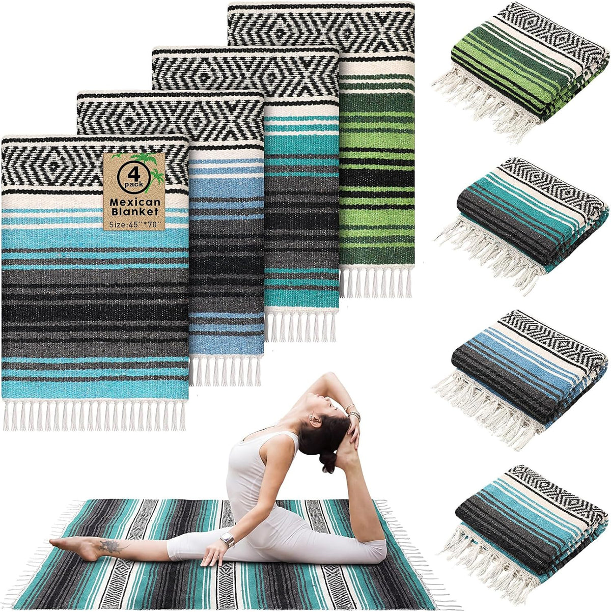 4 Pcs Mexican Blankets Bulk Handwoven Mexican Yoga Blanket Towel Colorful Falsa Serape Woven Throw Blanket Boho Beach Blankets for Outdoor Camping Beach Picnic Travel Home (Blue Green)