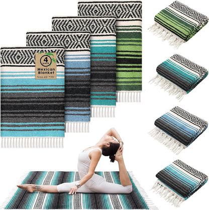 4 Pcs Mexican Blankets Bulk Handwoven Mexican Yoga Blanket Towel Colorful Falsa Serape Woven Throw Blanket Boho Beach Blankets for Outdoor Camping Beach Picnic Travel Home (Blue Green)
