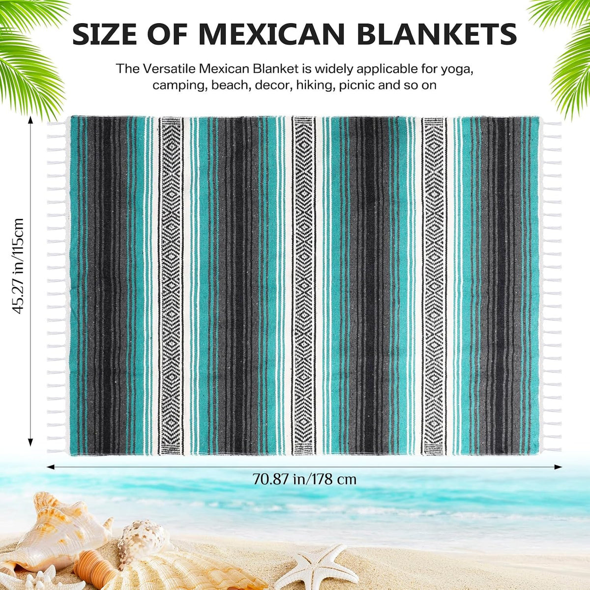 4 Pcs Mexican Blankets Bulk Handwoven Mexican Yoga Blanket Towel Colorful Falsa Serape Woven Throw Blanket Boho Beach Blankets for Outdoor Camping Beach Picnic Travel Home (Blue Green)
